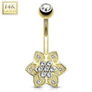 Šperky4U Zlatý piercing do pupíku - kytička se zirkony, Au 585/1000 - ZL01185-YG