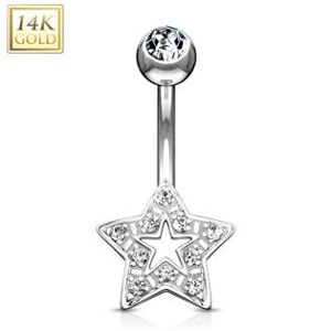 Šperky4U Zlatý piercing do pupíku hvězdička, čiré zirkony, Au 585/1000 - ZL01054-WG