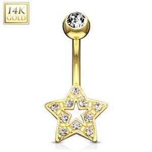 Šperky4U Zlatý piercing do pupíku hvězdička, čiré zirkony, Au 585/1000 - ZL01054-YG