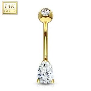 Šperky4U Zlatý piercing do pupíku - zirkon ve tvaru kapky, Au 585/1000 - ZL01086-YG