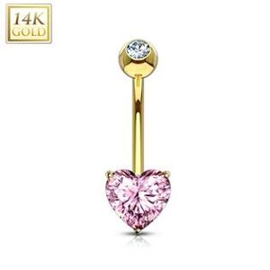 Šperky4U Zlatý piercing do pupíku - srdíčko, růžový zirkon, Au 585/1000 - ZL01087P-YG