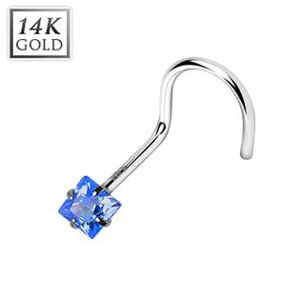 Šperky4U Zlatý piercing do nosu - čtvercový zirkon modrý, Au 585/1000 - ZL01114B-WG