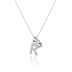 Stříbrný náhrdelník s modrým kamínkem a písmenem R SVLN0324XH2BI0R