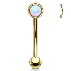 Šperky4U Zlacený piercing do obočí, bílý opál - OB0003GD-1206