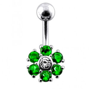Šperky4U Stříbrný piercing do pupíku, barva zirkonů čirá/tm. zelená - BP01014-CE