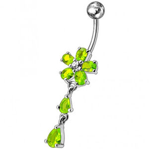 Šperky4U Stříbrný piercing do pupíku - kytička, světle zelené zirkony - BP01011-G
