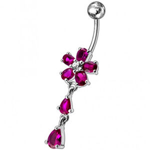 Šperky4U Stříbrný piercing do pupíku - kytička, tmavě růžové zirkony - BP01011-F