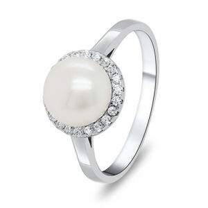 Brilio Silver Elegantní stříbrný prsten s perlou a zirkony RI034W 50 mm