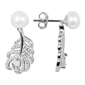JwL Luxury Pearls Perlové náušnice peříčka s bílou pravou perlou a zirkony JL0536