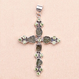 Vltavín a olivín přívěsek kříž stříbro Ag 925 LOT6 - 5,2 cm, 7,9 g